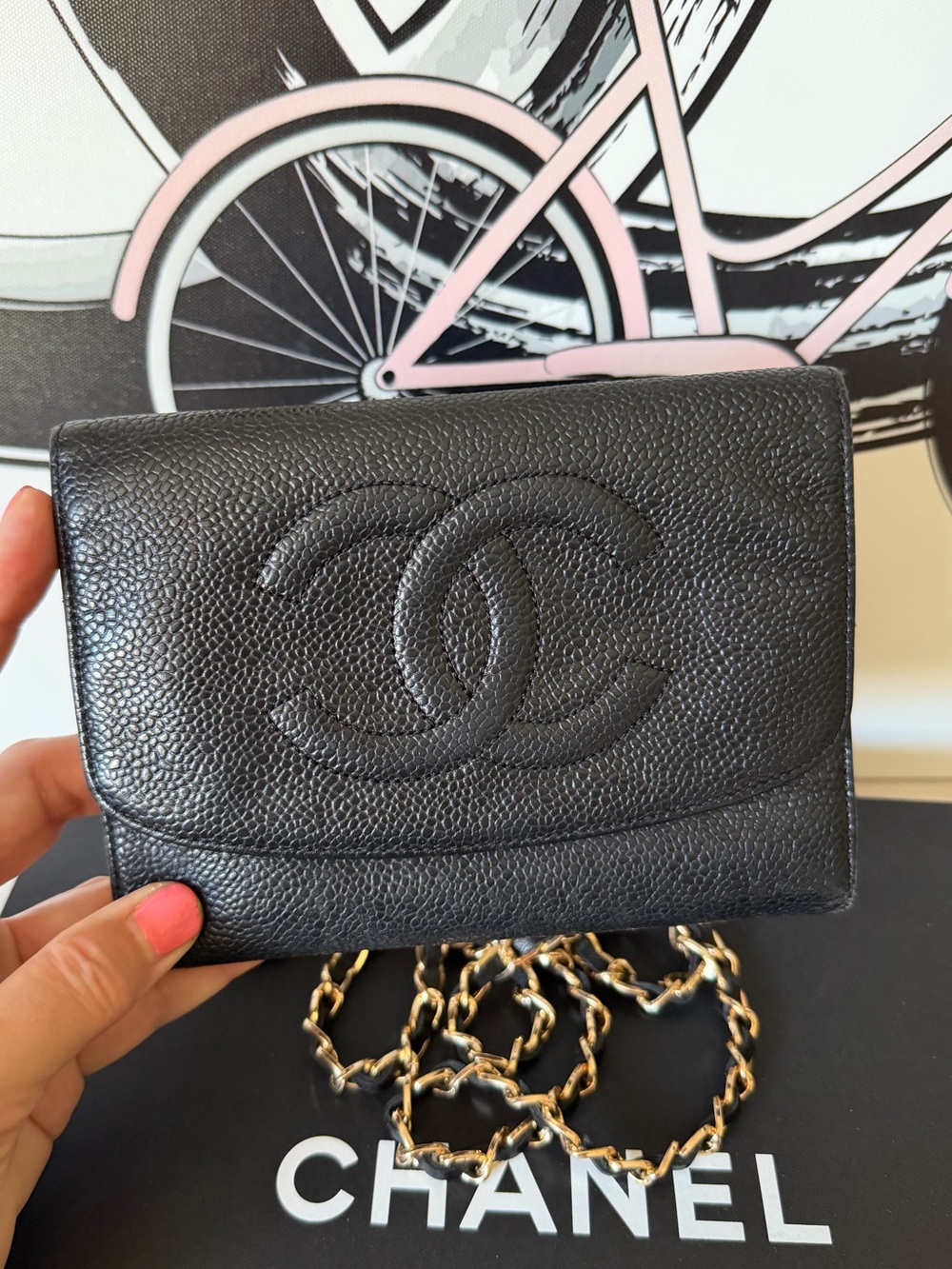 CHANEL Timeless Black Leather CC Logo Wallet on Chain